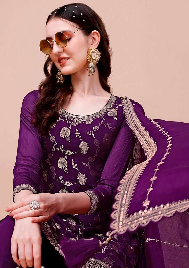 Purple Zari Sequin Embroidered Chinon Jacquard Palazzo Set - Indya