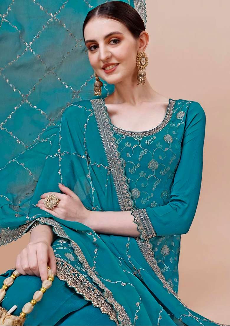 Sky Blue Embroidered Chinon Sharara Set - Indya