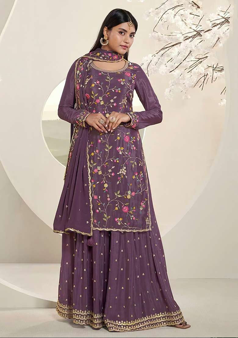Purple Embroidered Chinon Sharara Set - Indya