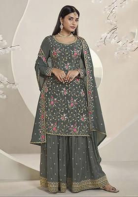 Grey Zari Sequin Embroidered Chinon Sharara Set