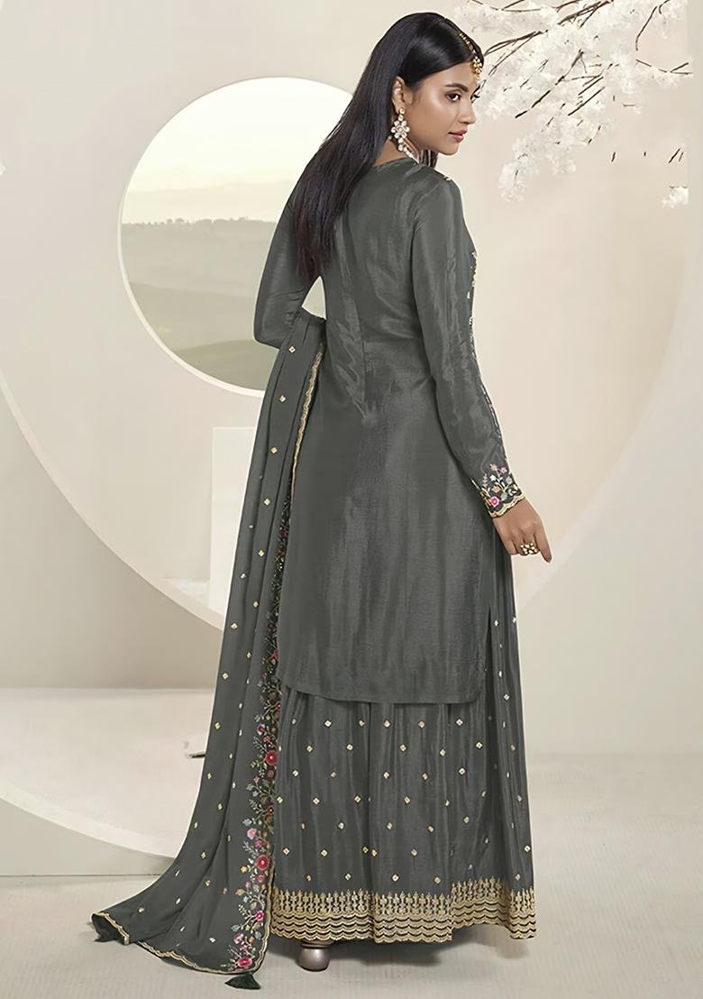 Grey Zari Sequin Embroidered Chinon Sharara Set