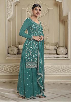 Sky Blue Zari Sequin Embroidered Chinon Kurta Set