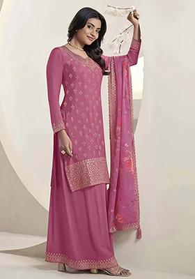 Pink Zari Sequin Embroidered Viscose Chinon Kurta Set