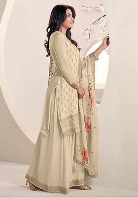 Cream Zari Sequin Embroidered Viscose Chinon Kurta Set