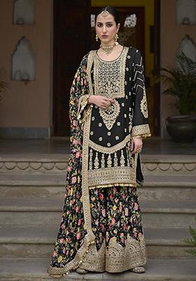 Black Zari Sequin Embroidered Chinon Silk Sharara Set