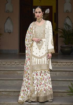White Zari Sequin Embroidered Chinon Silk Sharara Set