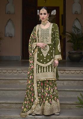 Green Zari Sequin Embroidered Chinon Silk Sharara Set