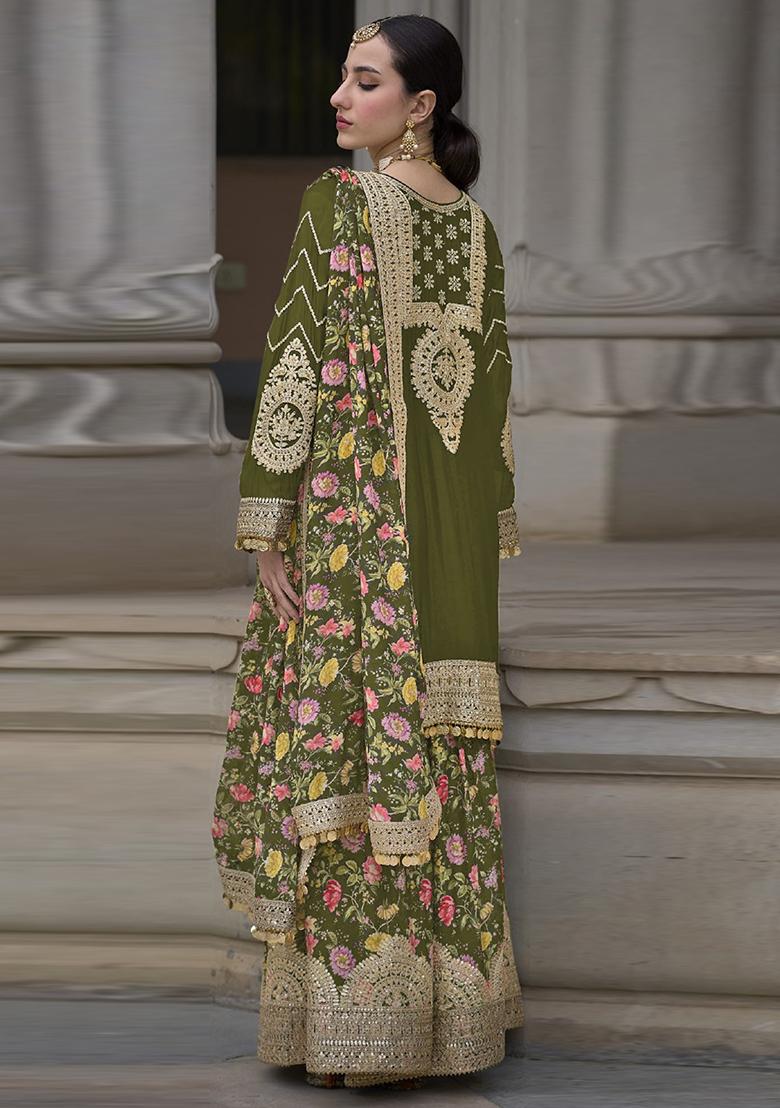 Green Zari Sequin Embroidered Chinon Silk Sharara Set