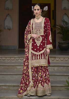 Maroon Zari Sequin Embroidered Chinon Silk Sharara Set