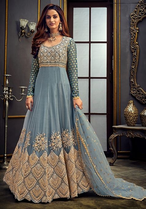 Grey Embroidered Net Anarkali Set