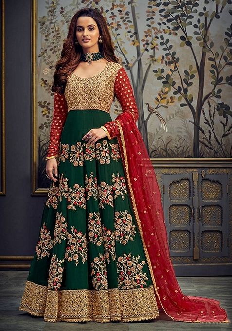 Dark Green Embroidered Georgette Anarkali Set