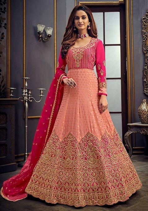 Light Pink Embroidered Jacquard Anarkali Set