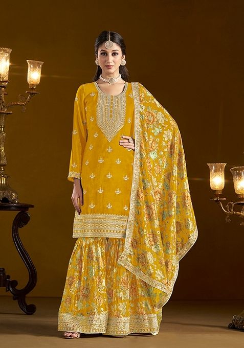 Yellow Embroidered Chiffon Sharara Set