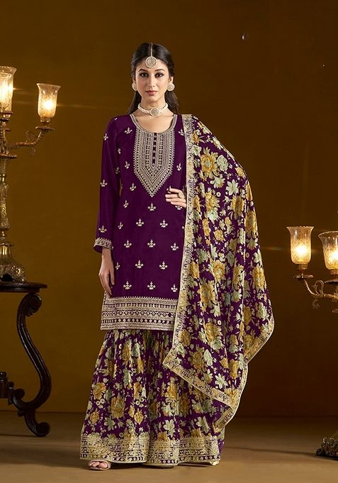 Dark Purple Embroidered Chiffon Sharara Set