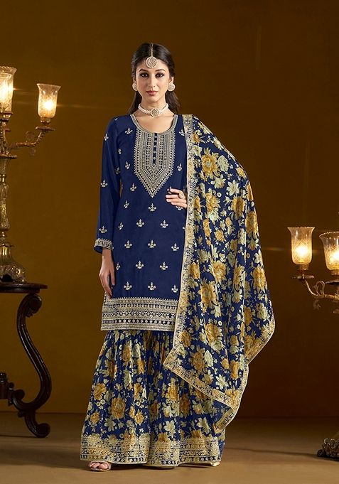 Navy Blue Embroidered Chiffon Sharara Set