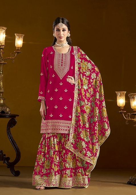 Rani Pink Embroidered Chiffon Sharara Set