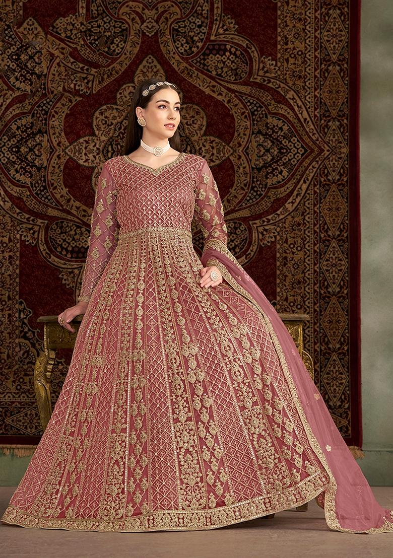 Pink Embroidered Net Anarkali Set