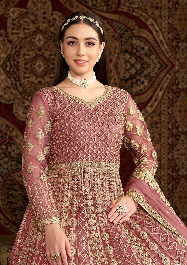 Pink Embroidered Net Anarkali Set