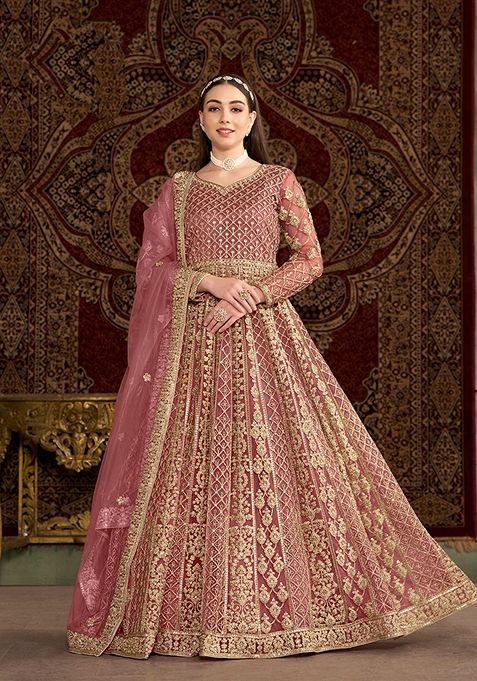 Pink Embroidered Net Anarkali Set