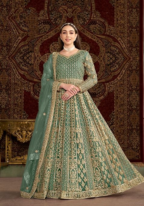 Light Green Embroidered Net Anarkali Set