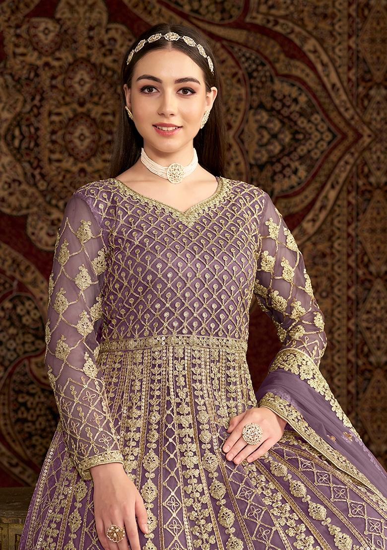 Lilac Embroidered Net Anarkali Set