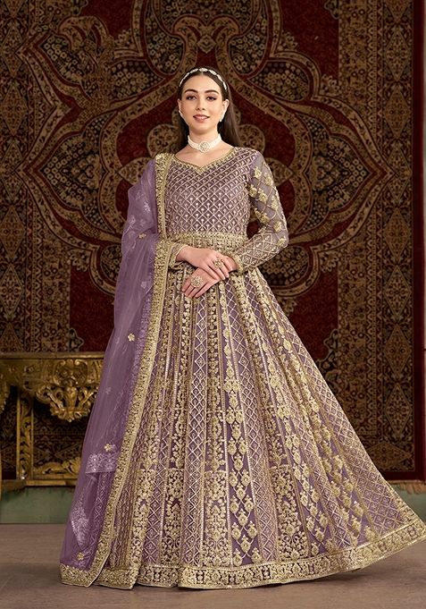 Lilac Embroidered Net Anarkali Set