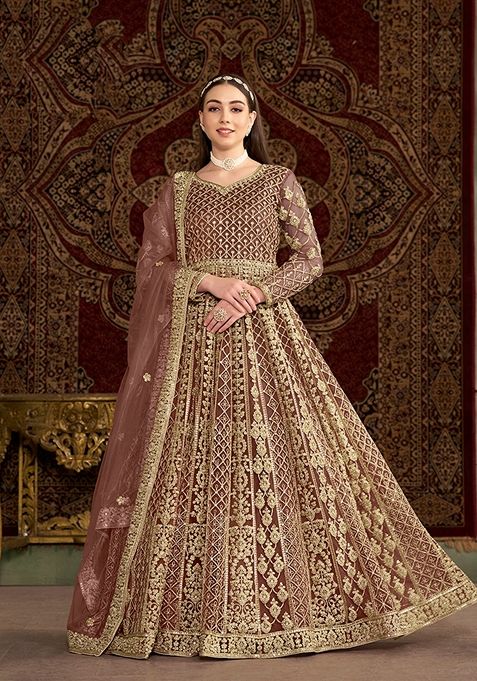 Brown Embroidered Net Anarkali Set