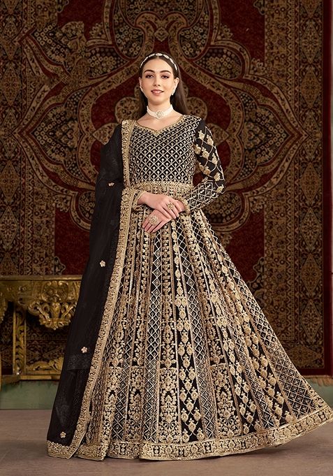 Black Embroidered Net Anarkali Set