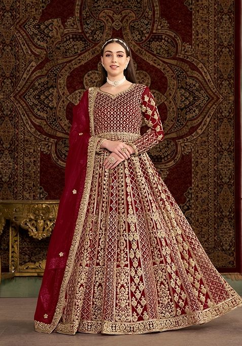 Maroon Embroidered Net Anarkali Set