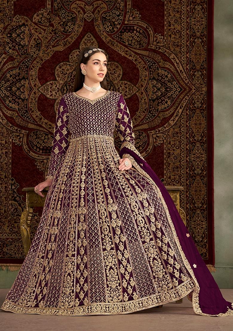 Purple Embroidered Net Anarkali Set