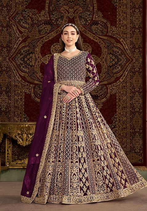 Purple Embroidered Net Anarkali Set