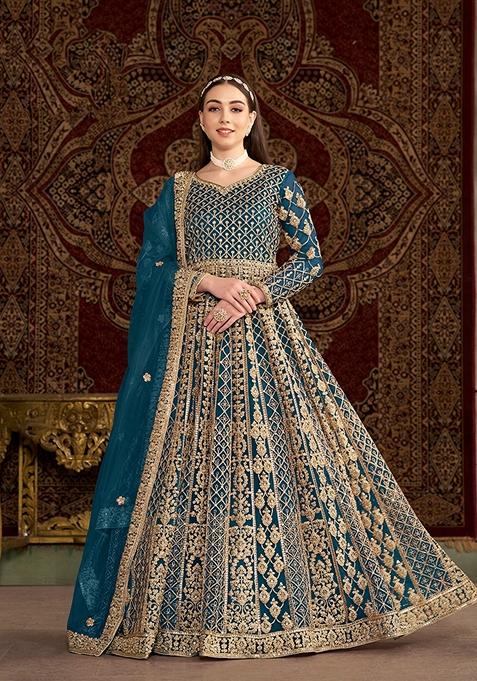 Teal Embroidered Net Anarkali Set