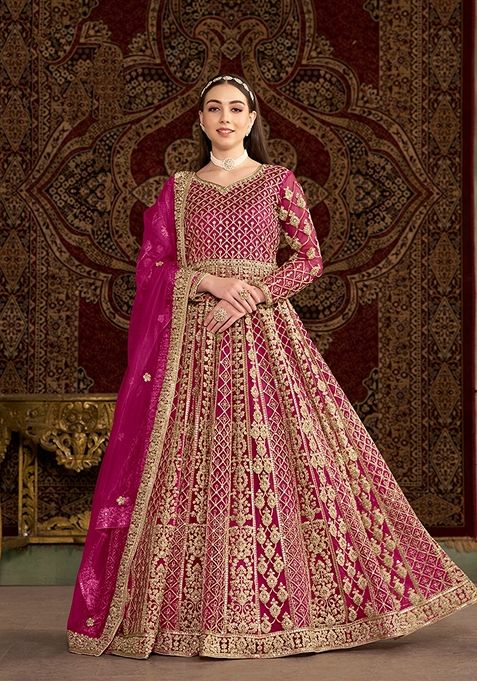 Rani Pink Embroidered Net Anarkali Set