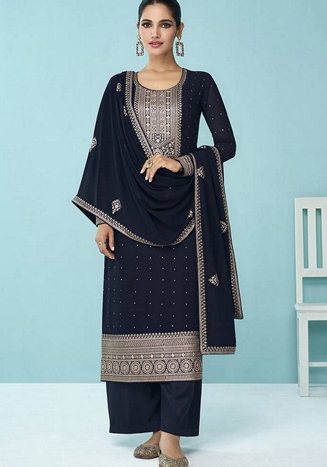 Navy Blue Embroidered Faux Georgette Kurta Set