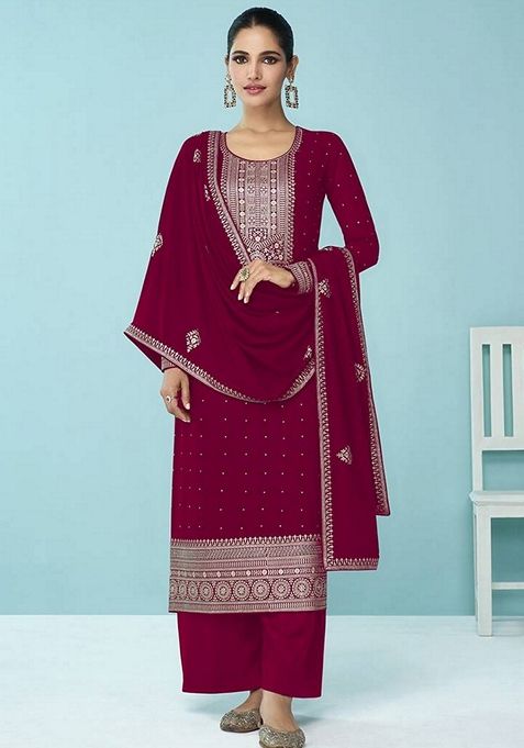 Magenta Embroidered Faux Georgette Kurta Set