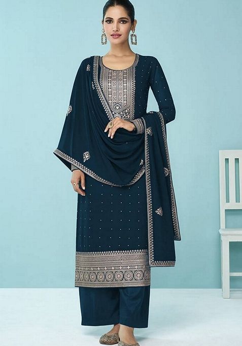 Teal Embroidered Faux Georgette Kurta Set