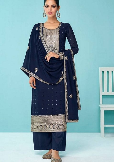 Navy Blue Embroidered Faux Georgette Kurta Set