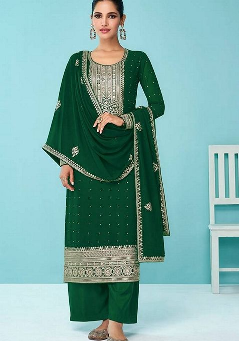 Dark Green Embroidered Faux Georgette Kurta Set