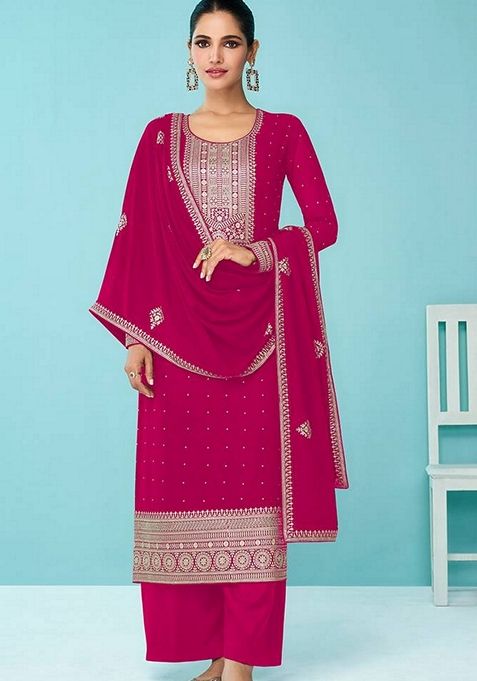 Hot Pink Embroidered Faux Georgette Kurta Set