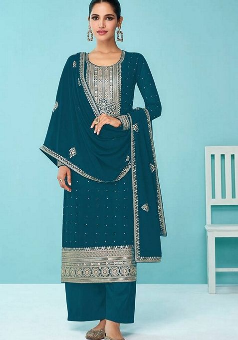 Dark Teal Embroidered Faux Georgette Kurta Set