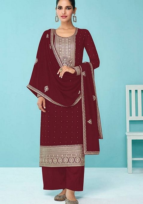 Wine Embroidered Faux Georgette Kurta Set