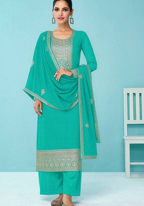 Turquoise Embroidered Faux Georgette Kurta Set