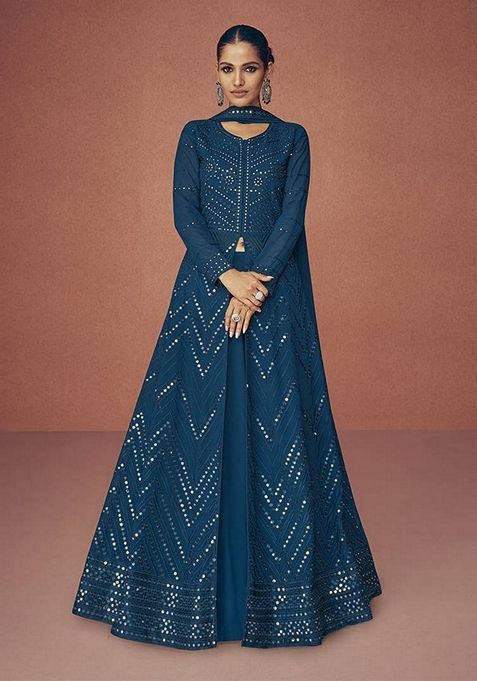 Dark Teal Embroidered Faux Georgette Anarkali Set