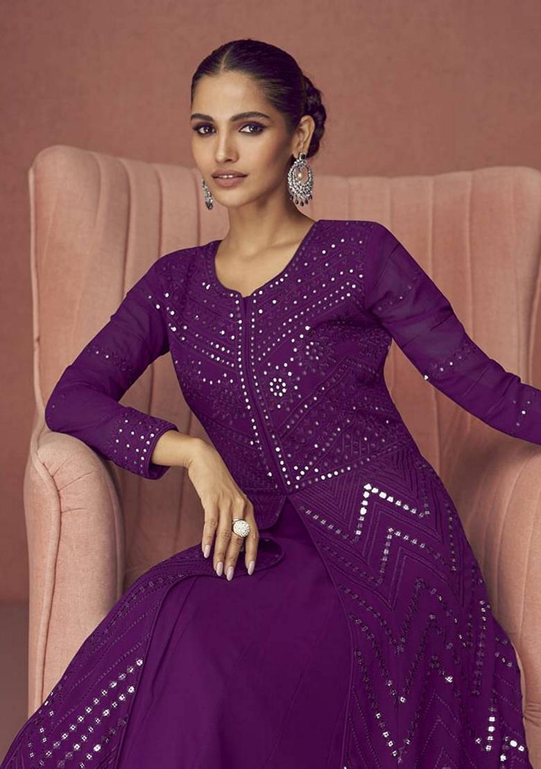 Dark Purple Embroidered Faux Georgette Anarkali Set