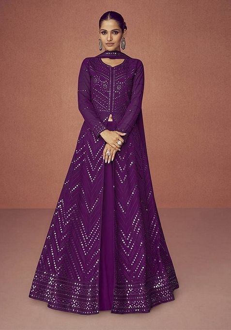 Dark Purple Embroidered Faux Georgette Anarkali Set