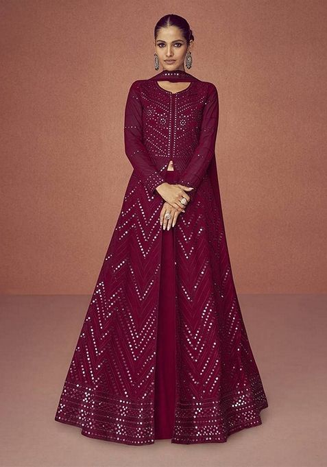 Wine Embroidered Faux Georgette Anarkali Set