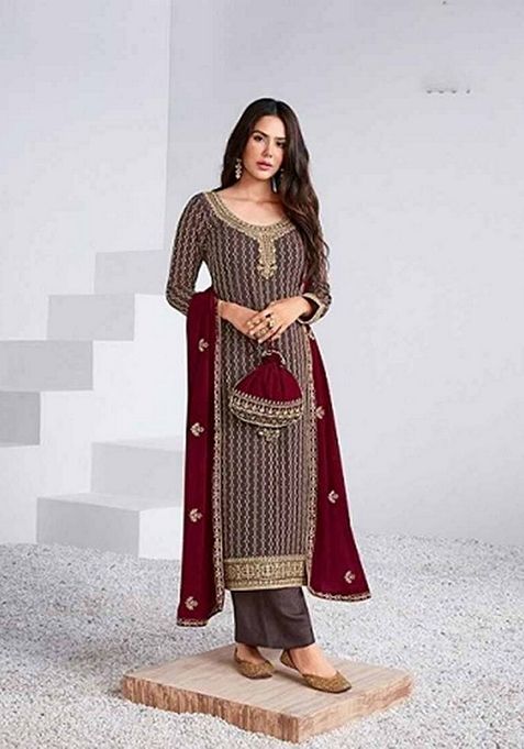 Dark Mauve Embroidered Faux Georgette Kurta Set