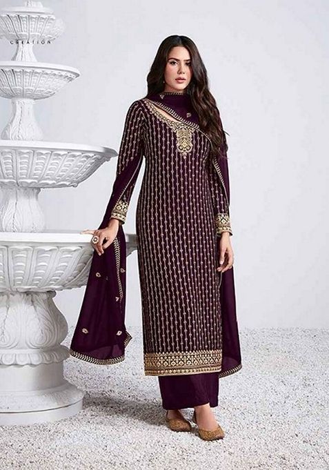 Purple Embroidered Faux Georgette Kurta Set