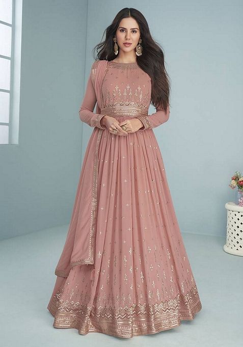 Peach Embroidered Faux Georgette Anarkali Set