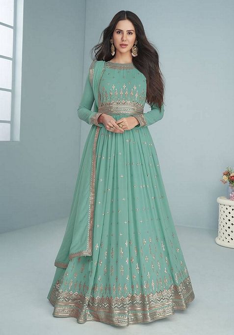 Turquoise Embroidered Faux Georgette Anarkali Set